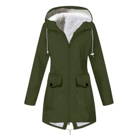Autumn and winter new women's plus velvet jacket outdoor mountaineering clothes hooded jacket waterproof coat (Color: Green, size: XXXXXL)