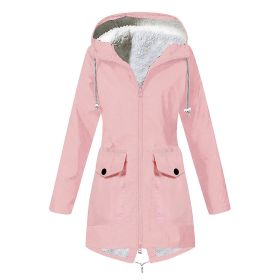Autumn and winter new women's plus velvet jacket outdoor mountaineering clothes hooded jacket waterproof coat (Color: pink, size: XXXL)