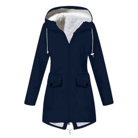 Autumn and winter new women's plus velvet jacket outdoor mountaineering clothes hooded jacket waterproof coat (Color: Dark Blue, size: S)